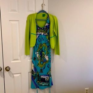 Tibi sleeveless dress and coordinating sweater.